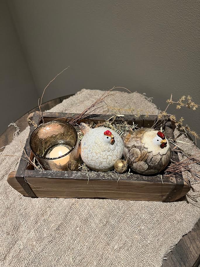 Houten steenmal met 2 kippetjes en waxinelichtje