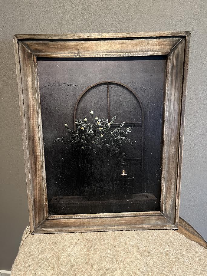 Schilderij met stalraam en bloemen in pot M