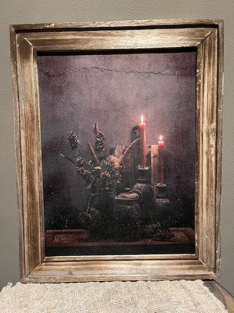 Schilderij houten potten en kandelaars