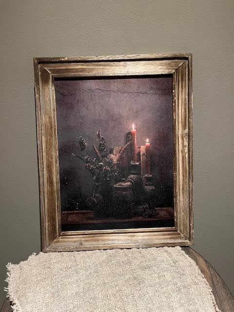 Schilderij houten potten en kandelaars
