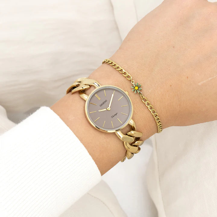OOZOO Goudkleurig Horloge rond grove schakel