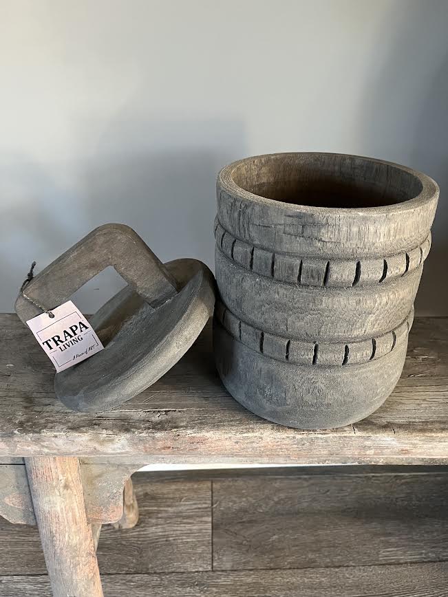 Robuuste Houten Pot met deksel en greep Trapaliving