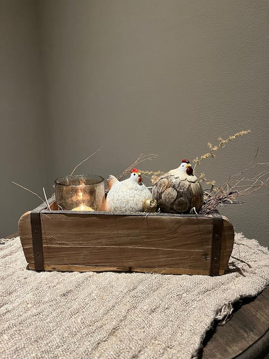 Houten steenmal met 2 kippetjes en waxinelichtje