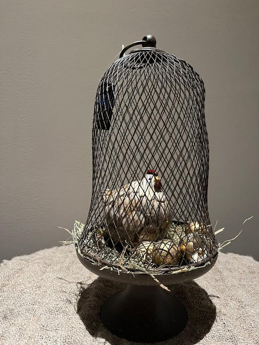 Roest stolp met bruine kip