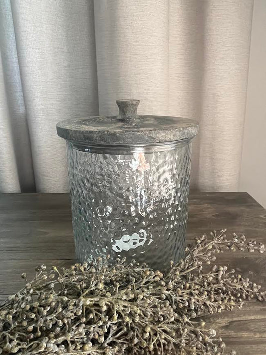 Grote glazen voorraad pot met houten deksel