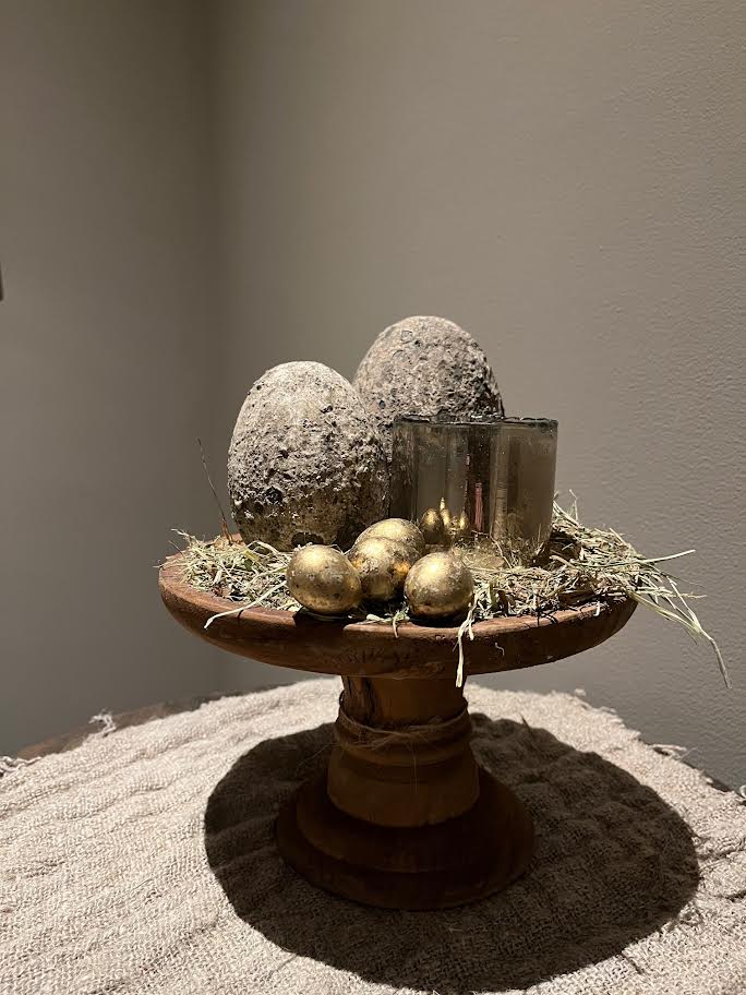 Houten plateau groot met stenen eieren en bubble waxinelichtje