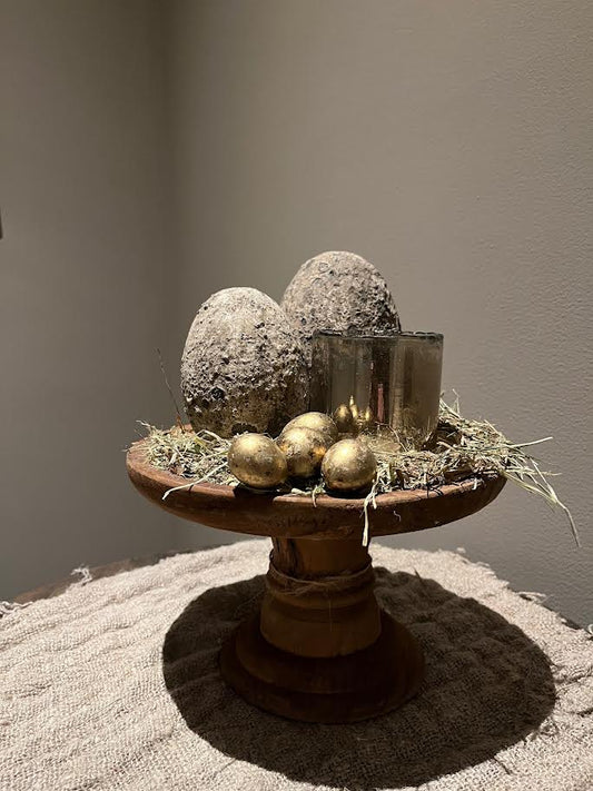 Houten plateau groot met stenen eieren en bubble waxinelichtje