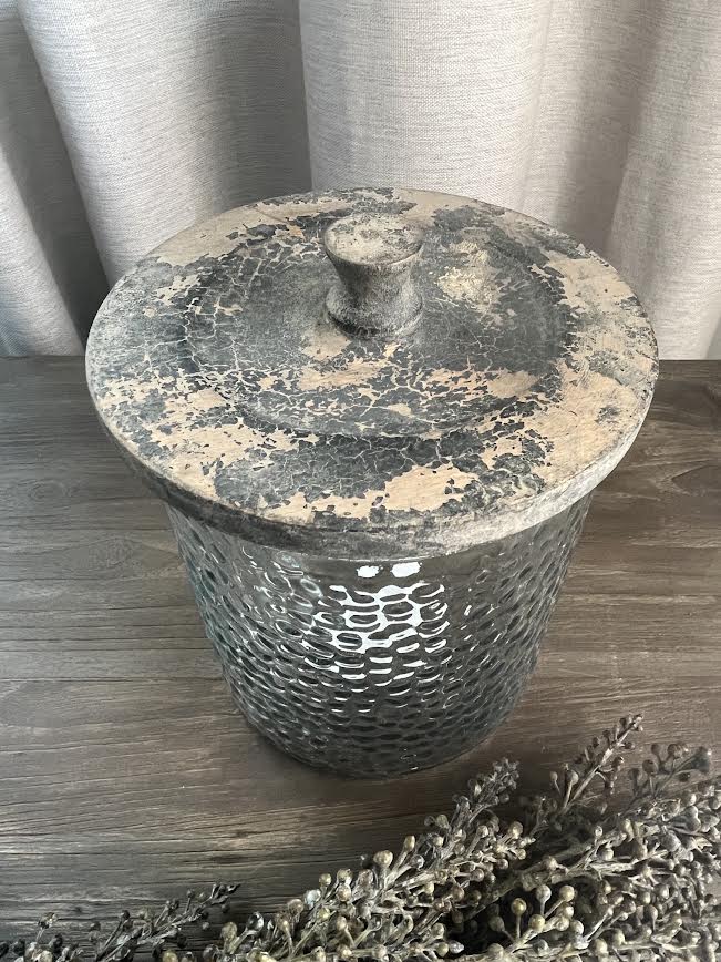 Grote glazen voorraad pot met houten deksel