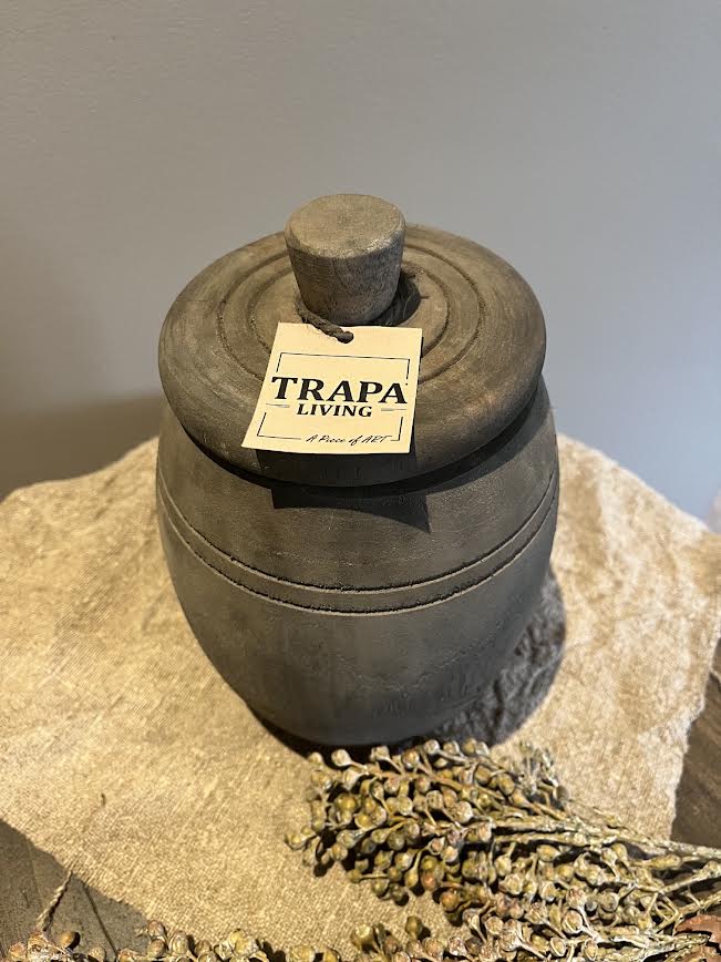 Trapaliving vergrijsde houten pot met deksel L