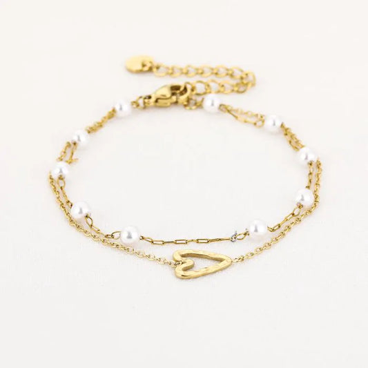 Hartje en pareltjes armband goud