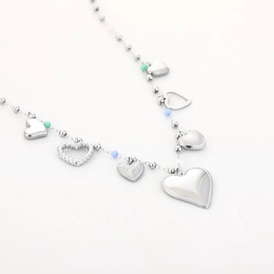 Bedelketting zilver met groen en blauw steentje