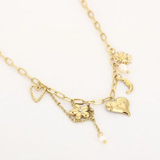 Bedelketting met diverse trendy bedels goud