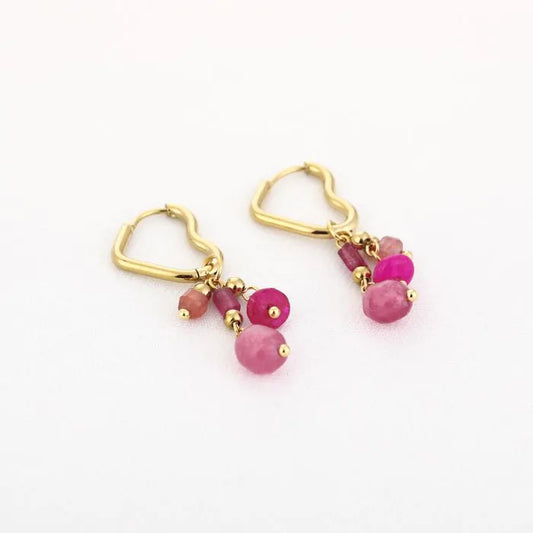 Oorbellen met kralen en natuur stenen pink