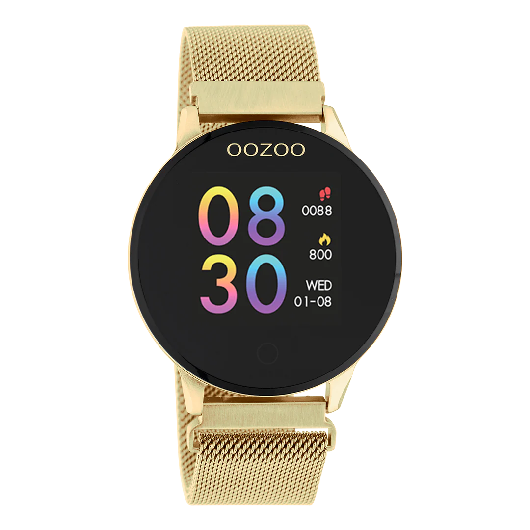 Goudkleurige OOZOO smartwatch met goudkleurige metalen mesh armband - Q00121